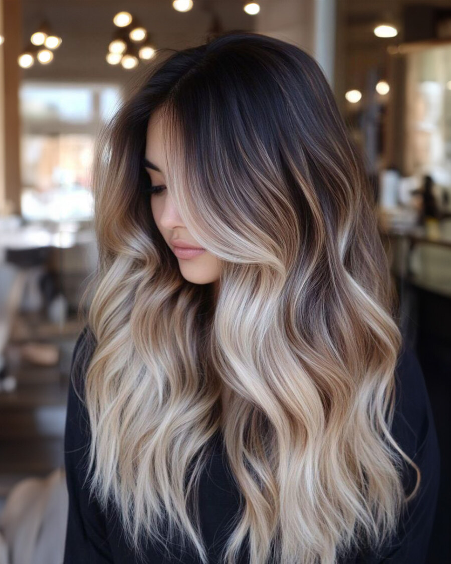 Long balayage waves, blending dark roots into soft blonde lengths