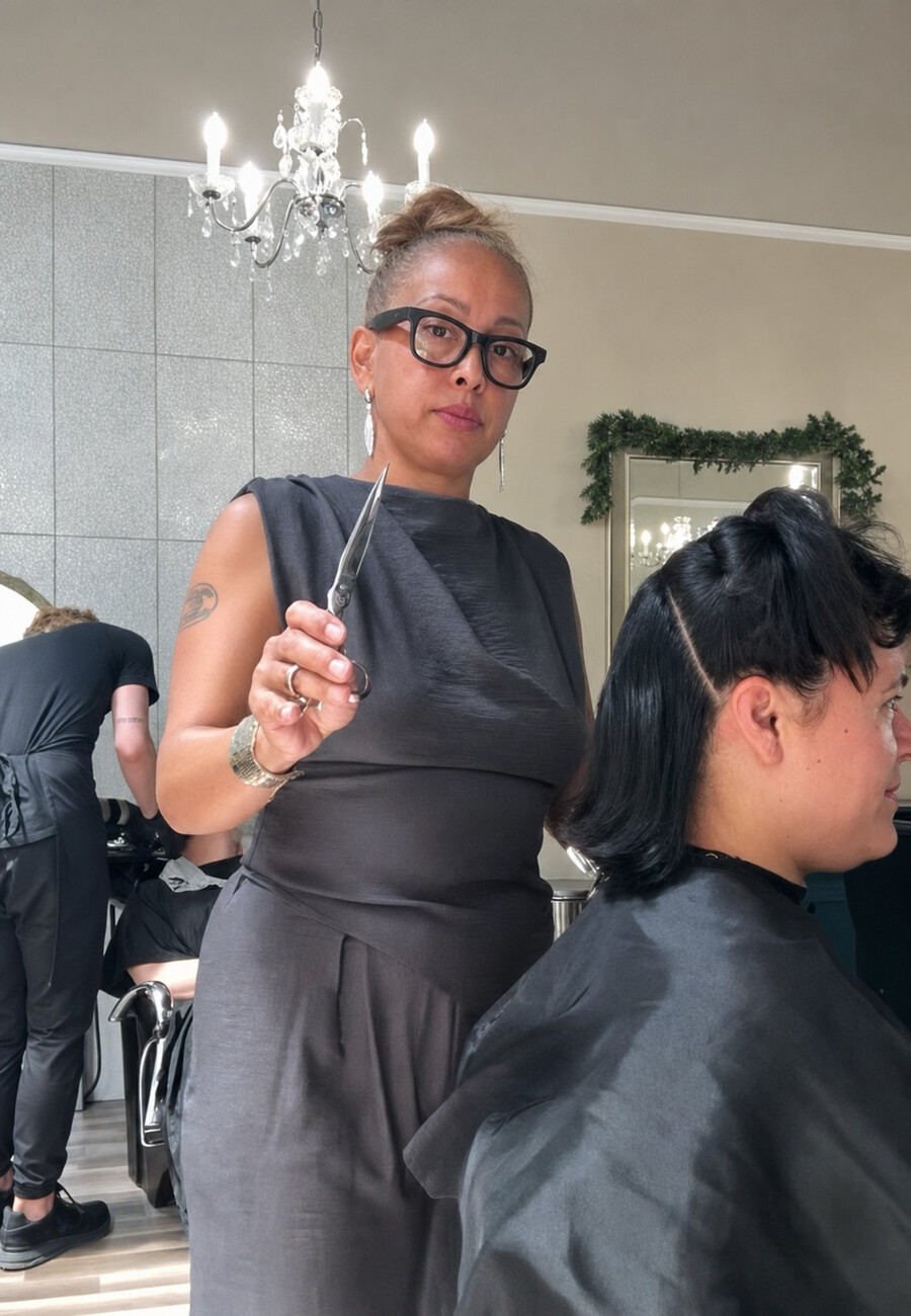 Chanel at the chair, laughing, mid-appointment
