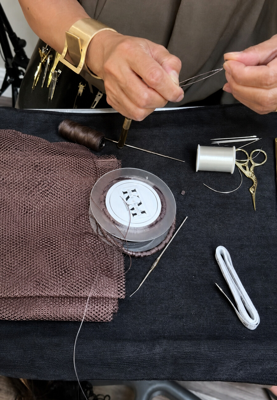 Thread, needle, scissors and a folded mesh panel laid out before an integration