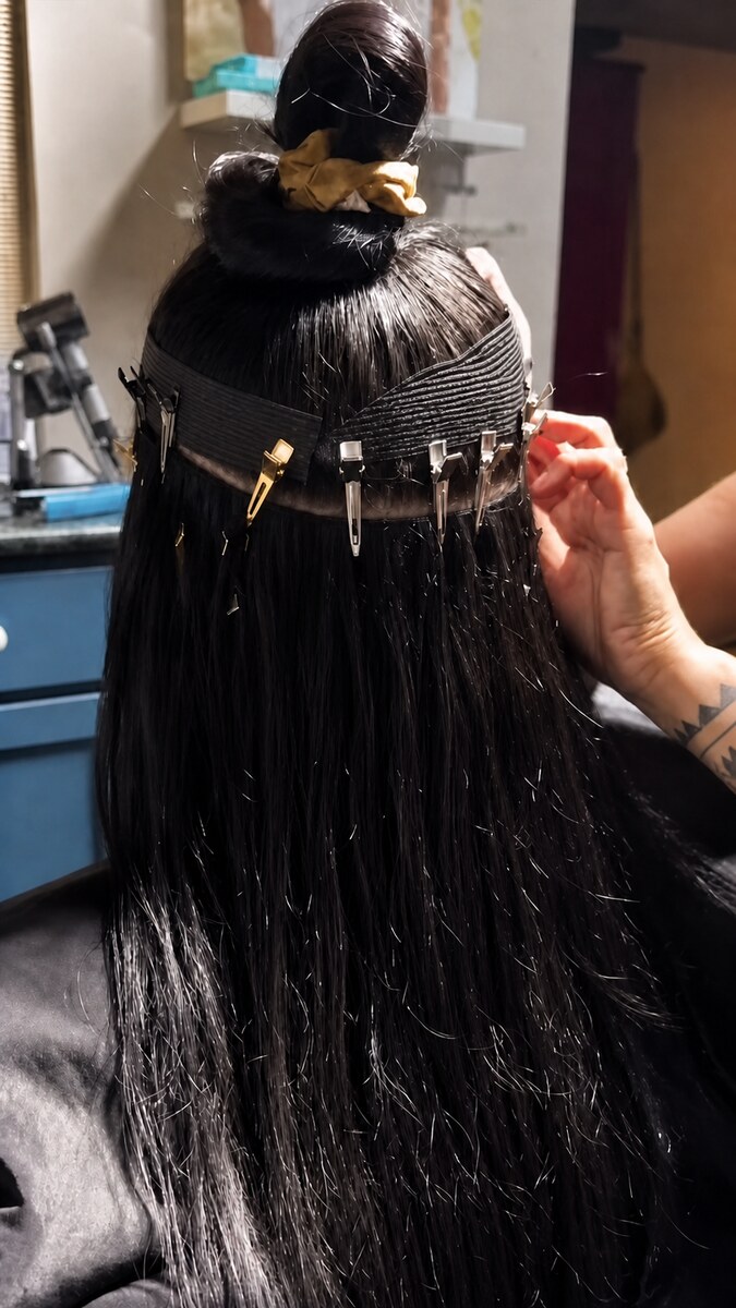 A bead row across the back of the head, sections held back with clips, mid-install