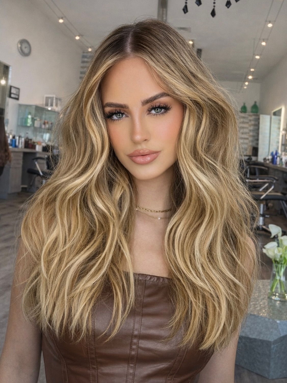 Blonde waves with highlights framing the face