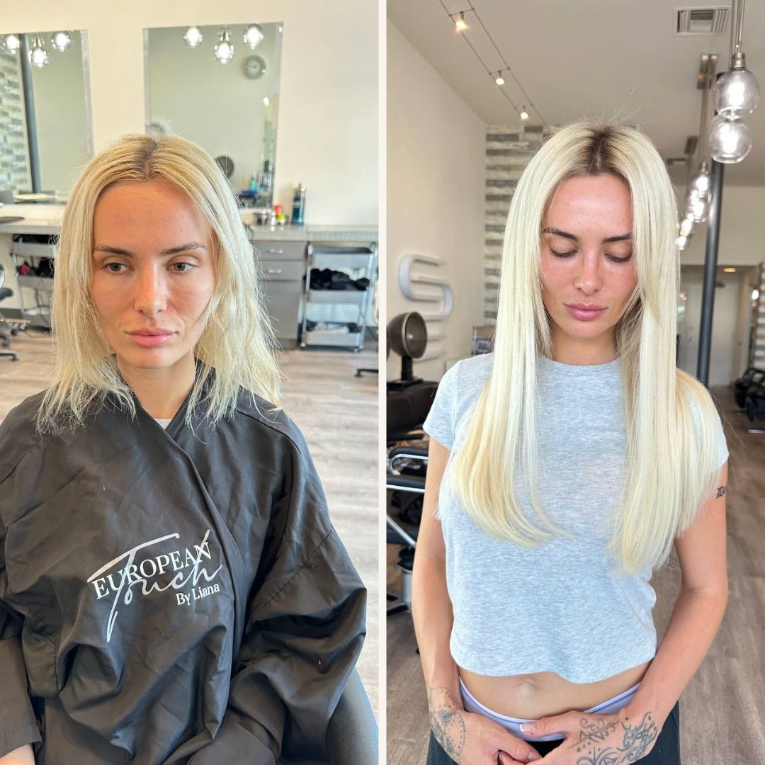 Short blonde hair before on the left; longer, cooler blonde hair after on the right.