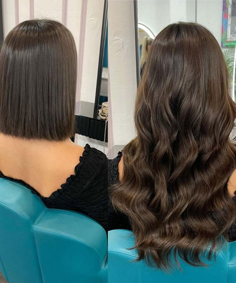 Brunette bob before on the left; long brunette waves after on the right.