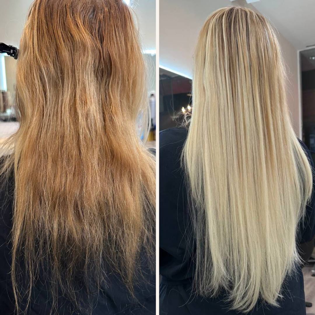 Warm blonde hair before on the left; cooler blonde hair after on the right.
