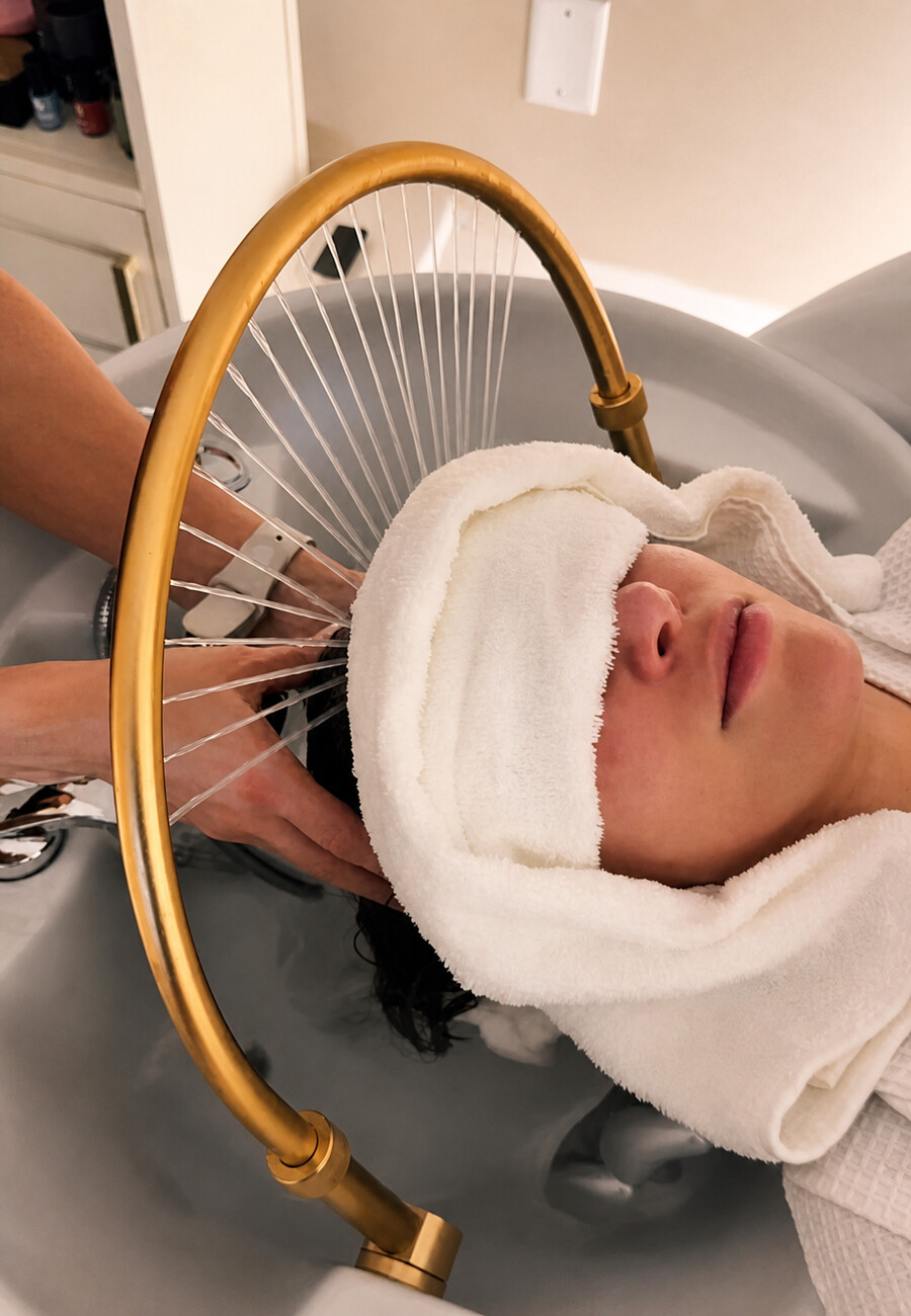 A client under the red light ring during a head spa treatment at Gloss & Glam