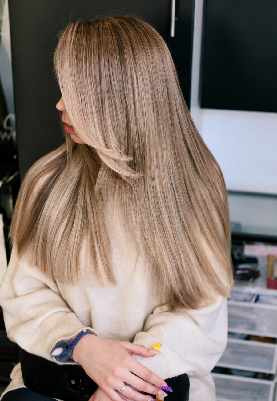 An ash blonde melt out of a dark base, worn long and straight