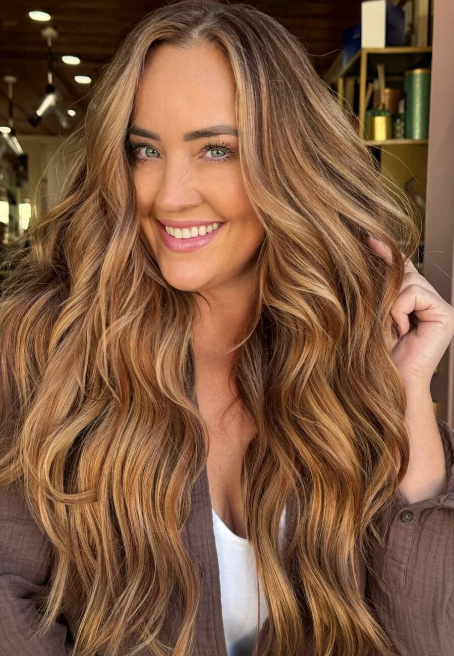 Long honey balayage waves, shot in the salon