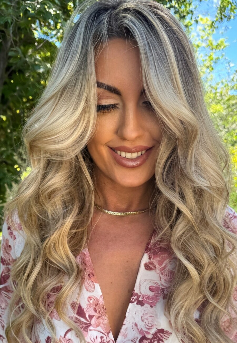 Blonde balayage worn long and waved