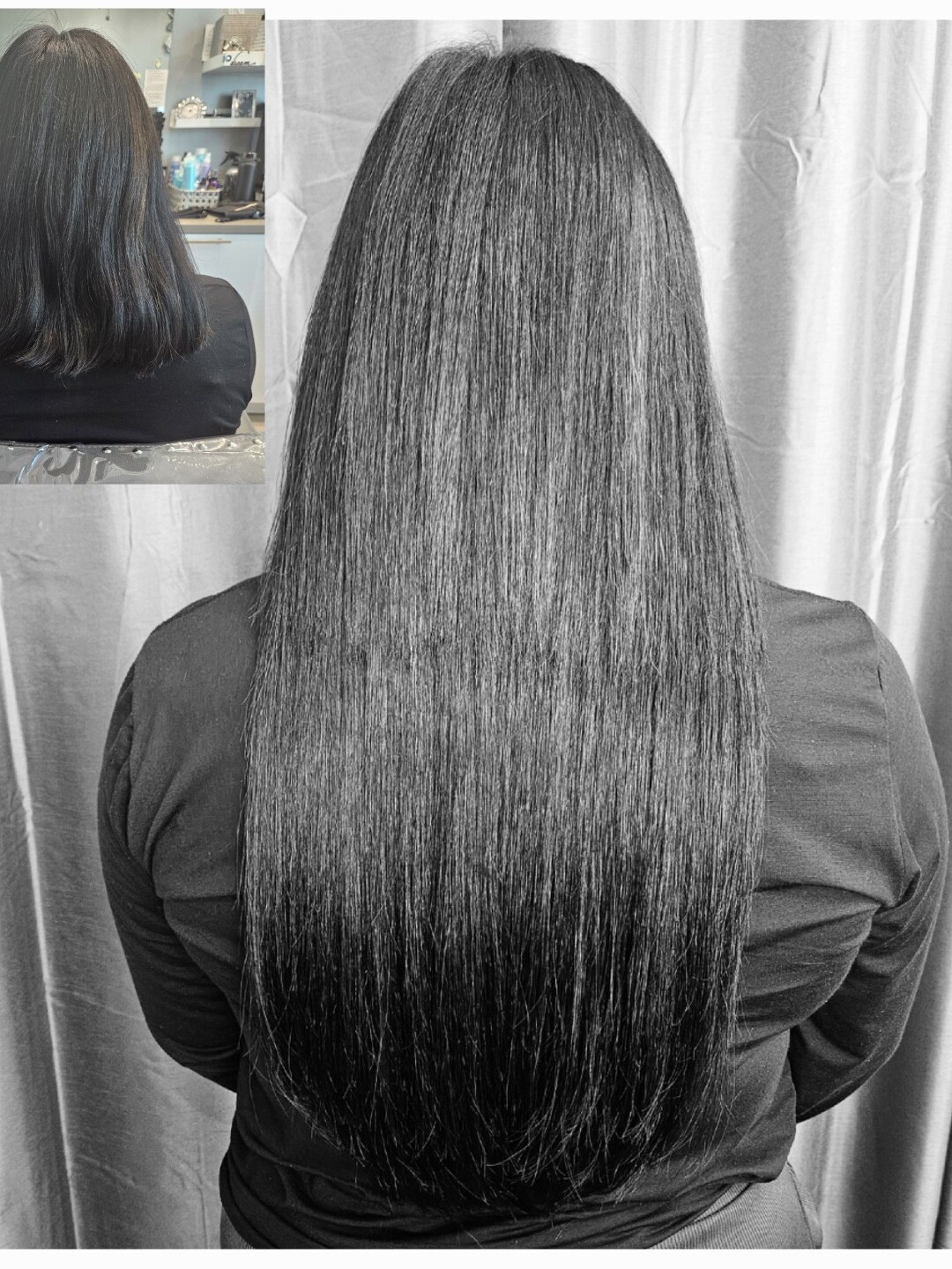 Very long straight dark hair, in black and white