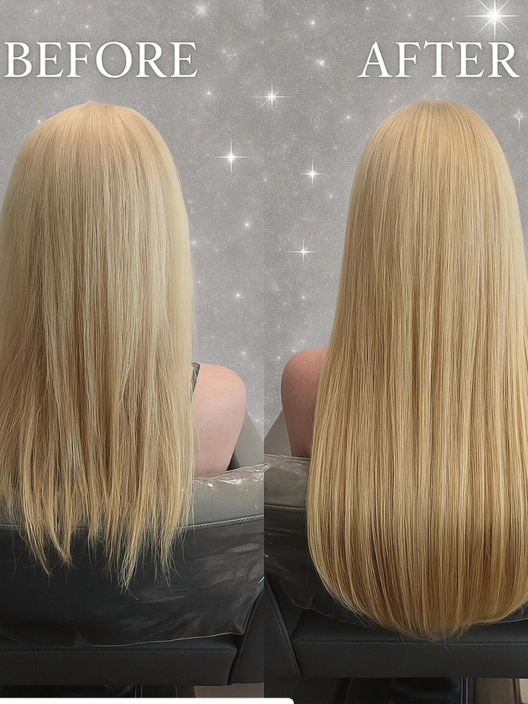 Sleek straight blonde hair, seen from the back
