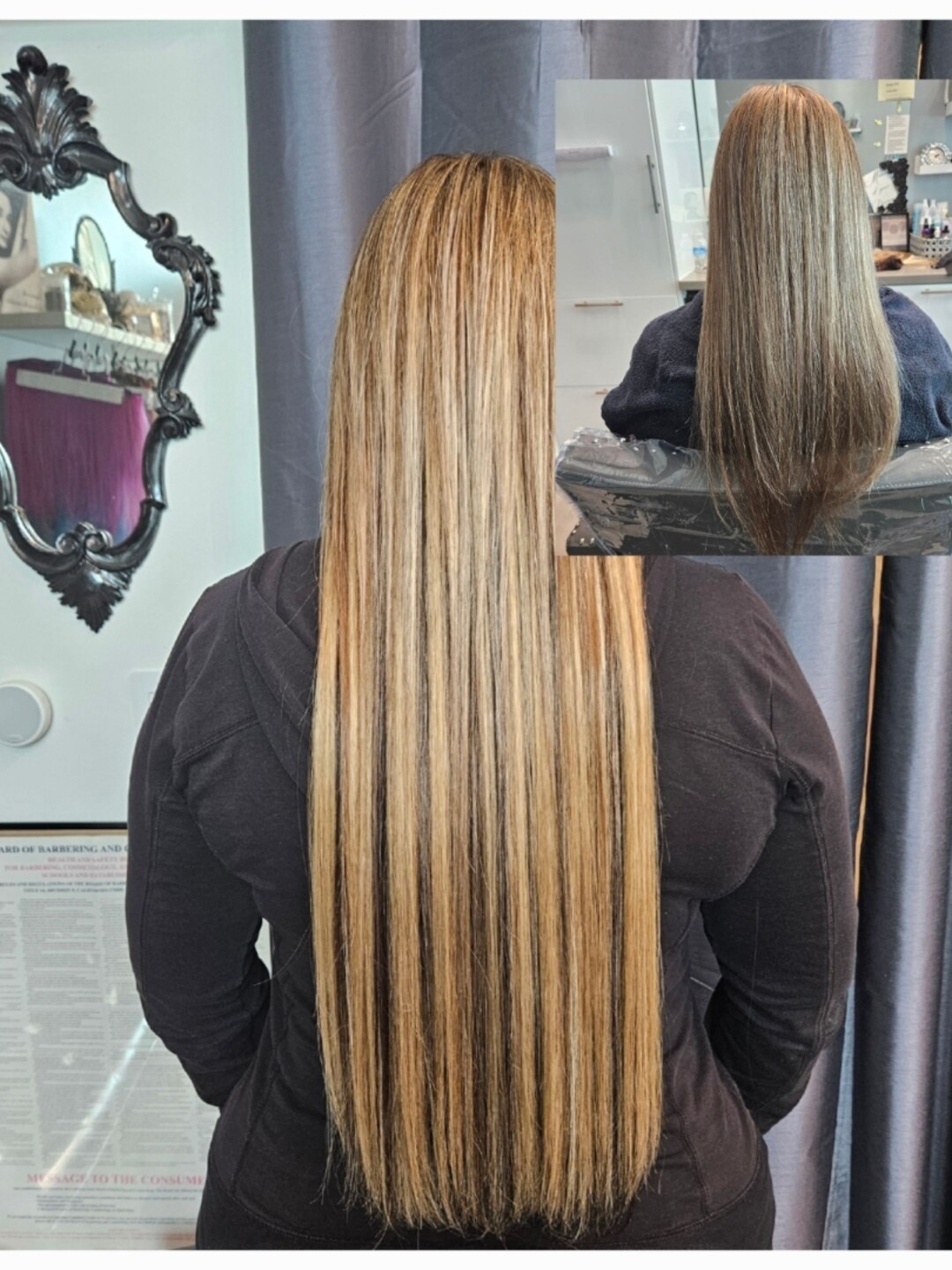 Long blonde hair with lighter streaks, from behind, beside a mirror