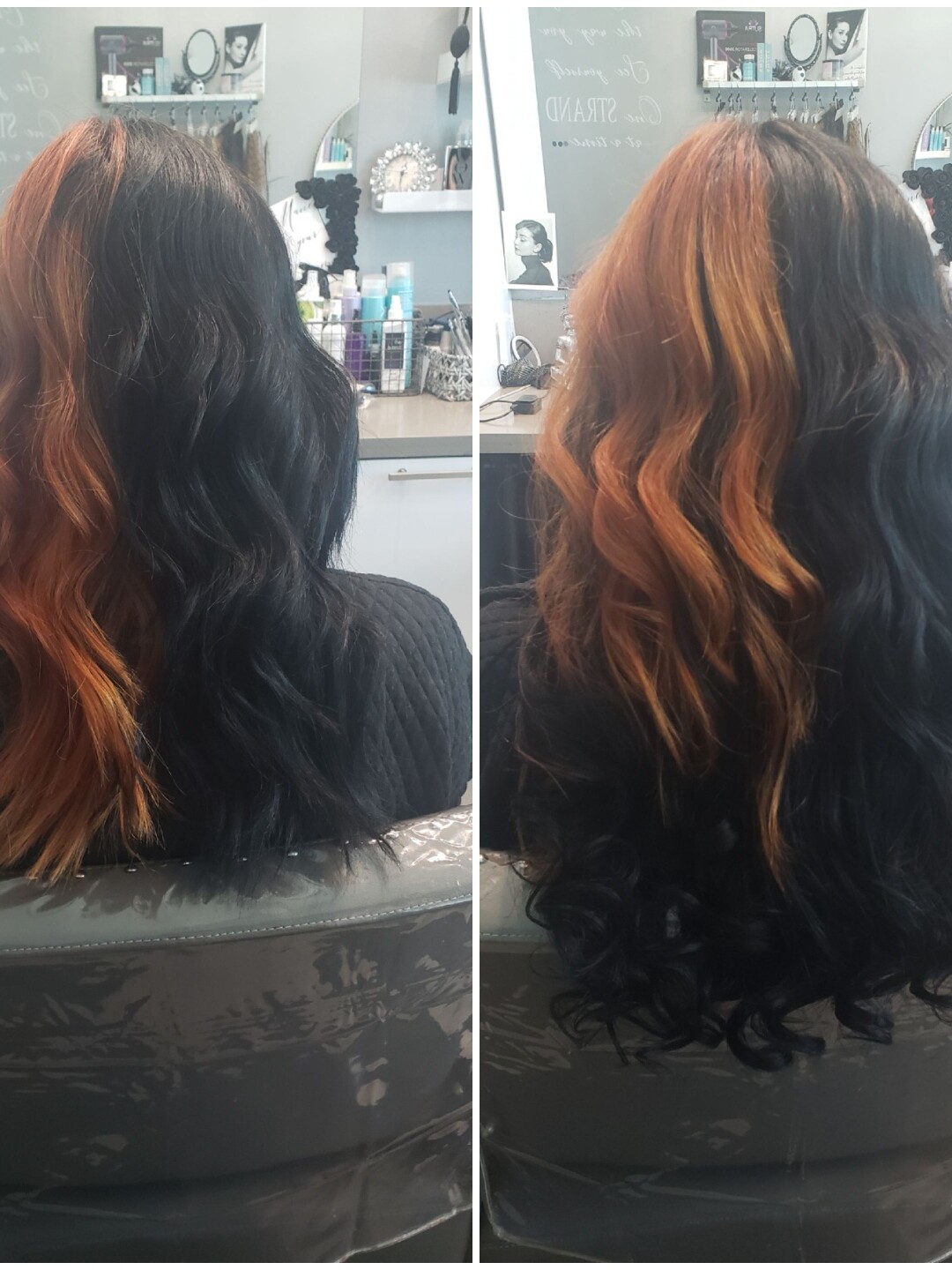 Dark waves with copper balayage, seen from the back