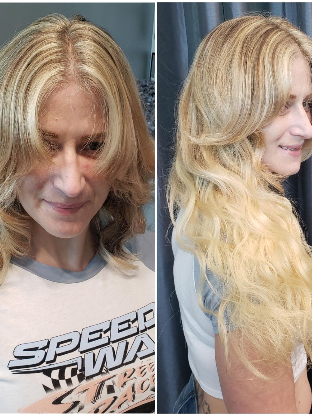Two women with long blonde waves