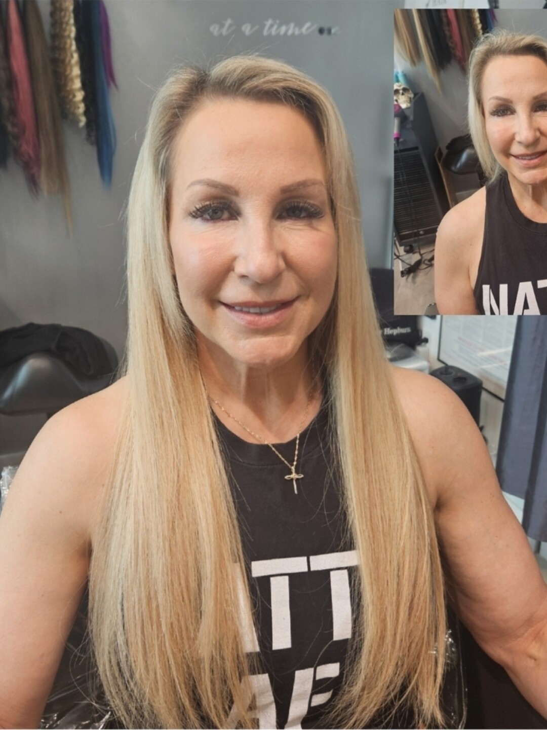 A smiling woman with long, straight blonde hair