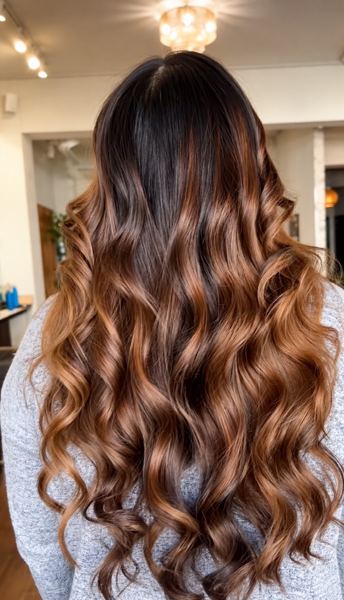Long waves in a warm caramel balayage over a dark natural base