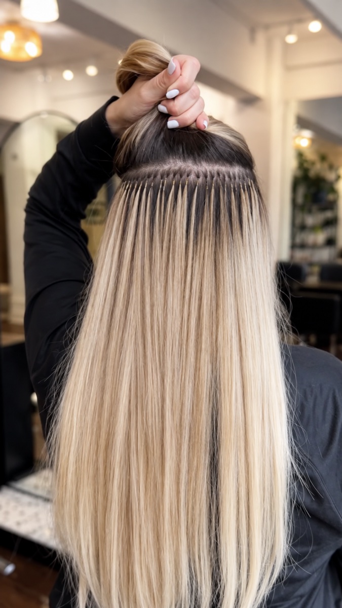 A section of hair lifted to show a row of Great Lengths keratin bonds, evenly spaced across the head