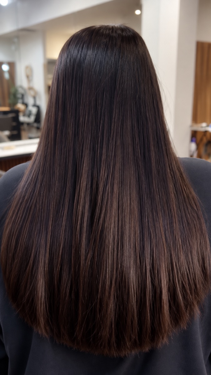 Deep brunette hair worn long and straight, finished in a blunt line