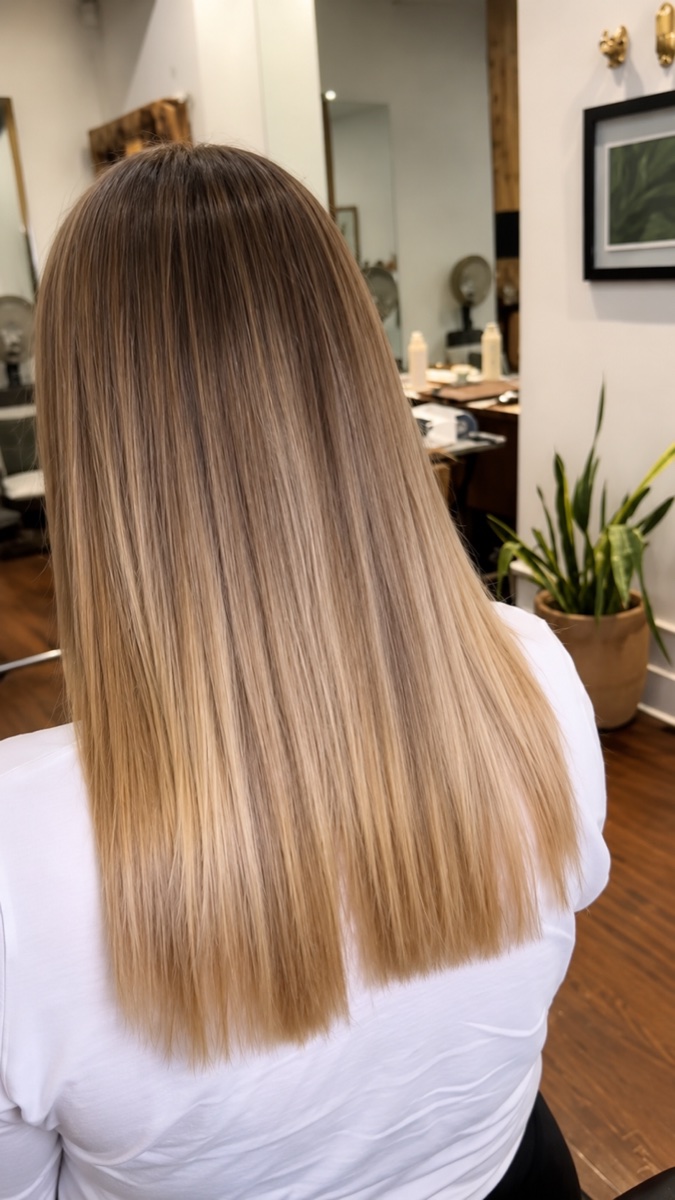 Bronde balayage worn straight, with a soft natural root left in