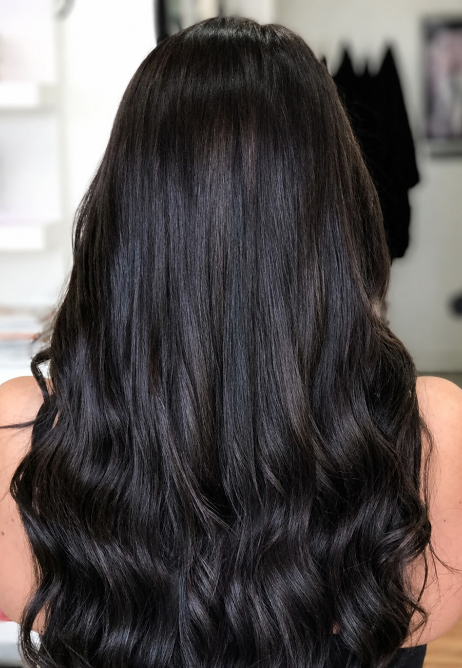 After: longer dark hair styled into full waves