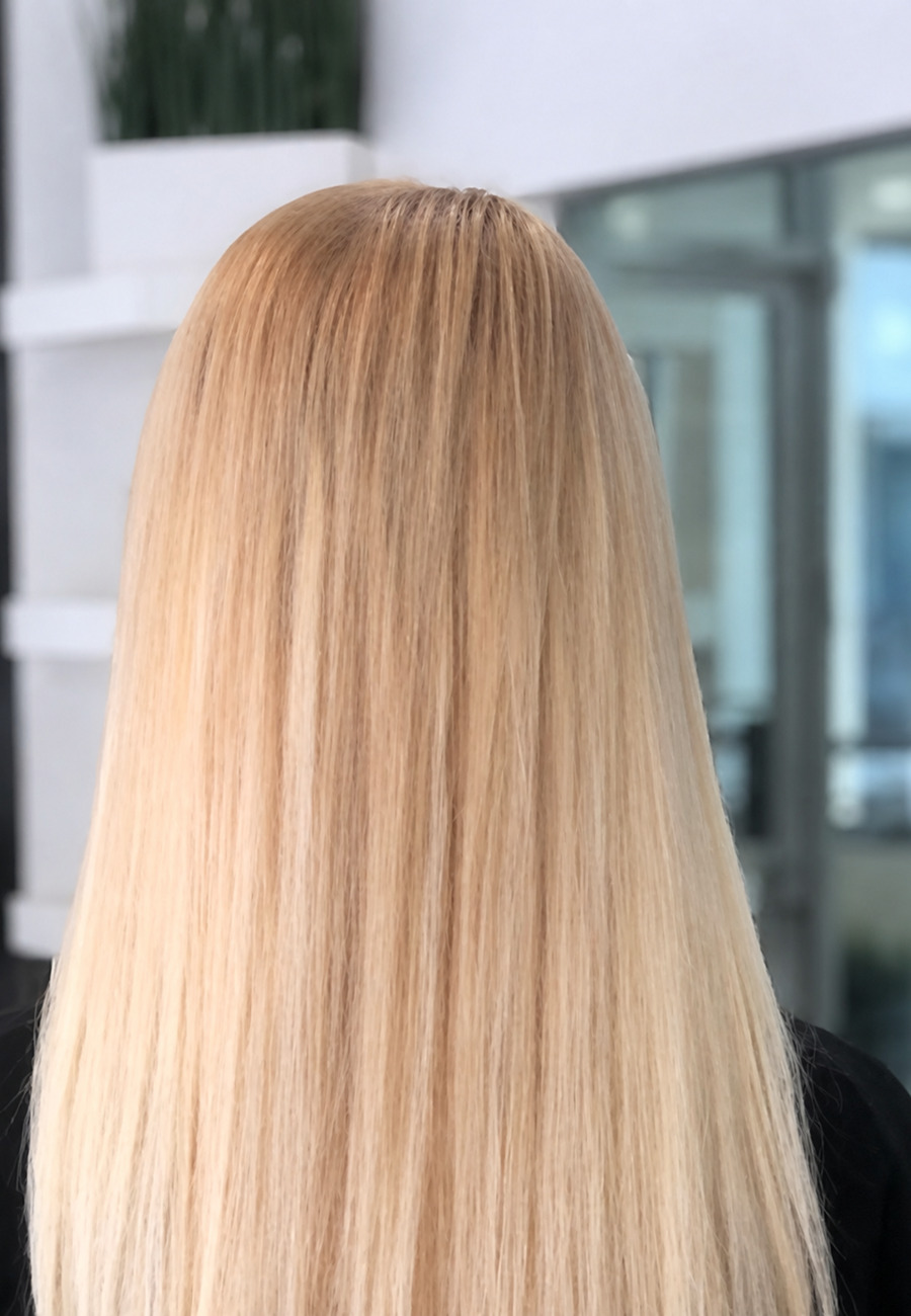 After: long, straight pale-blonde hair by Vered