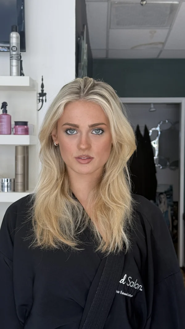 Before: shoulder-length blonde hair, photographed in the salon