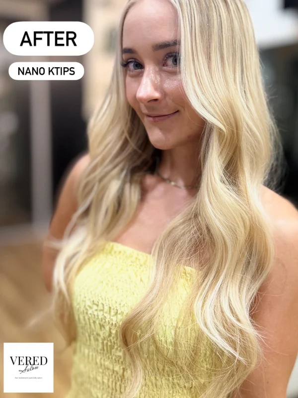 Blonde nano K-tip extensions with loose waves, photographed by Vered Salon