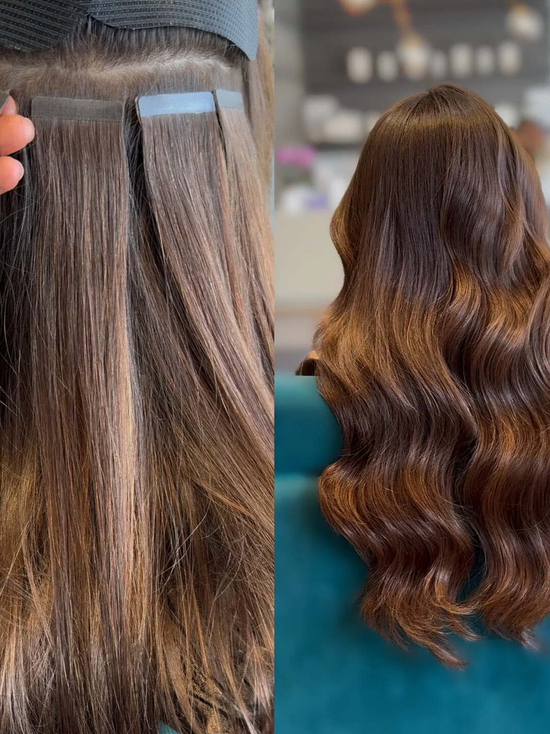 House tape-in wefts beside the finished long brunette hair