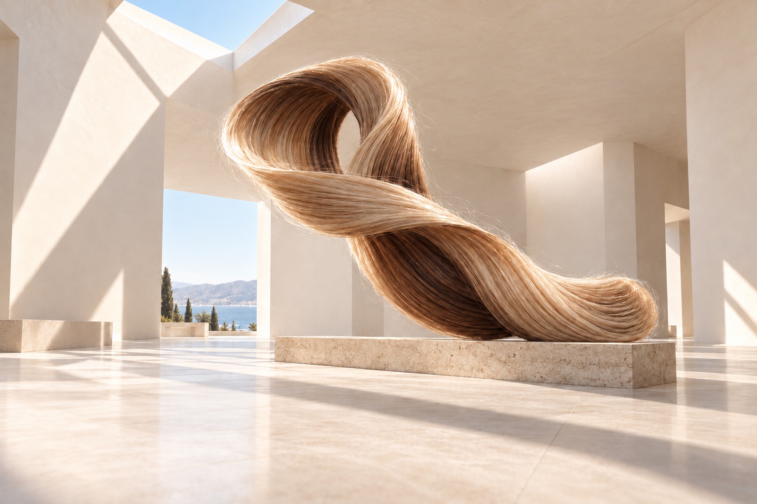 A flowing ribbon of blonde hair, sculpted in a sunlit stone gallery