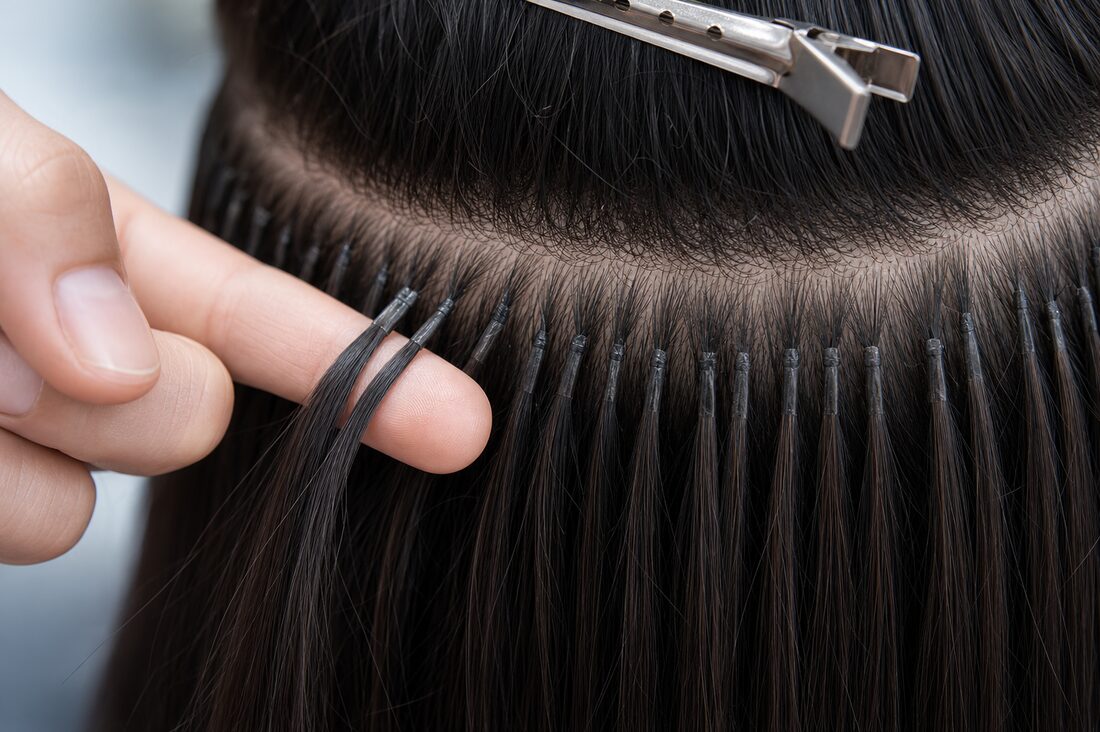 A row of keratin-tipped strands bonded at the roots